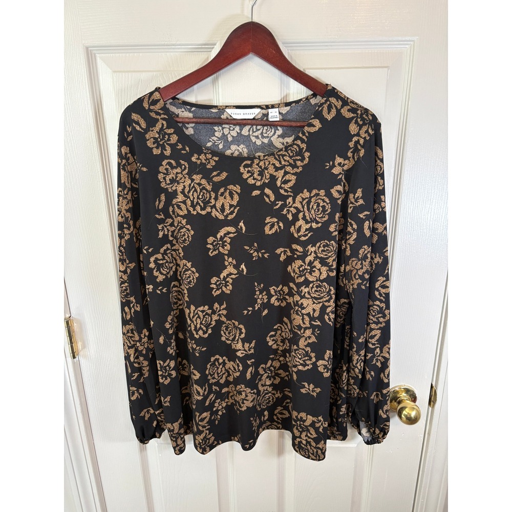 Susan Graver Liquid Knit Floral Top Black Tan Long Sleeve Blouse A554247 XL
